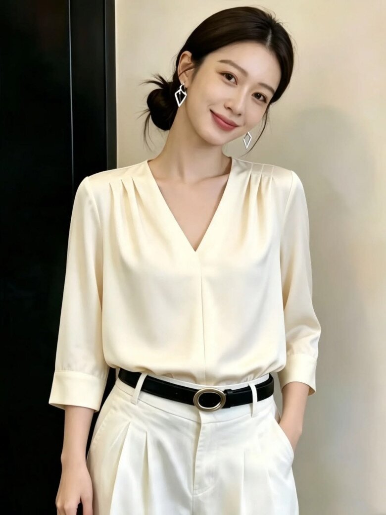 Sơ mi lụa công sở là bản phối mềm mại thay thế những bộ suit cứng nhắc.