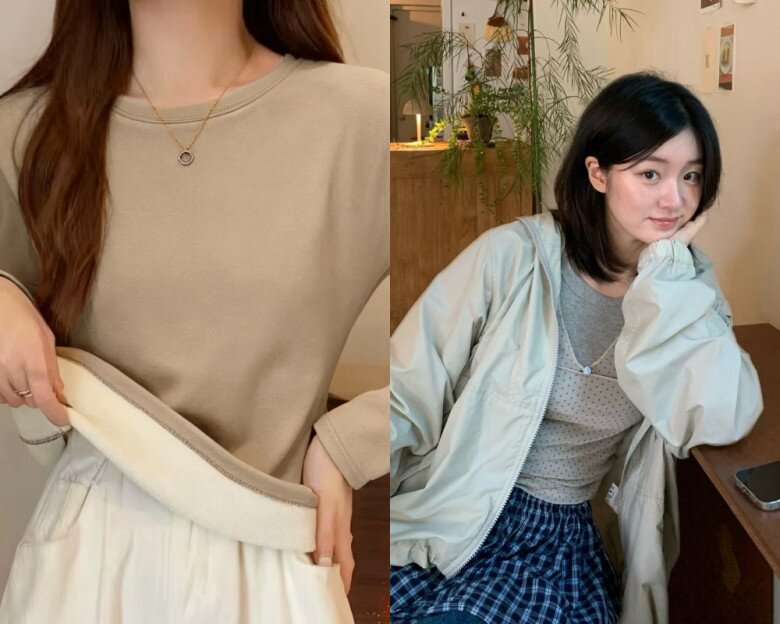 Những mẫu áo lót lông mỏng là lớp giữ ấm tiện dụng, có thể mặc bên trong áo khoác nhẹ hoặc cardigan mà không khiến tổng thể trở nên cồng kềnh.