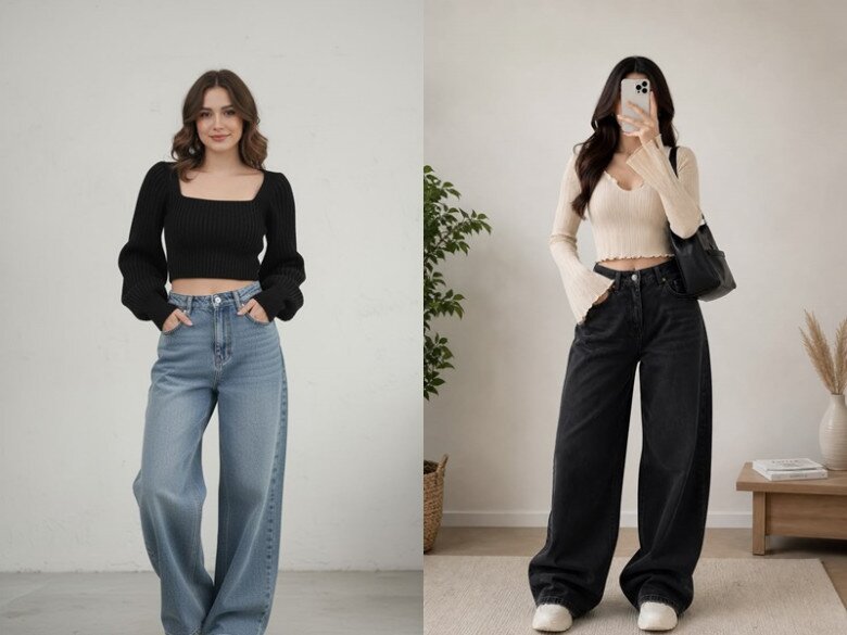 Quần jeans ống rộng phối áo dáng ngắn giúp “hack” tỷ lệ cơ thể, tạo hiệu ứng chân dài hơn.