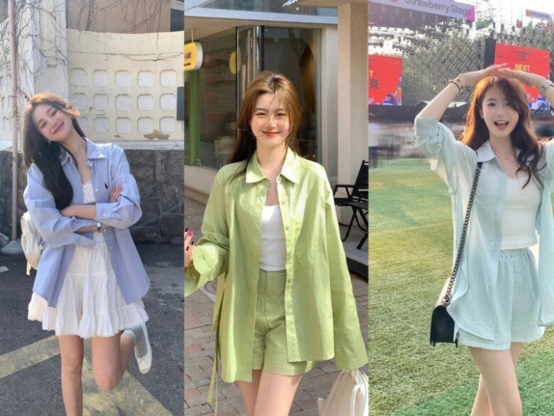 Kết hợp áo sơ mi phom dáng oversized với các kiểu áo ôm sát như croptop, áo thun basic hoặc váy hai dây mang đến diện mạo trẻ trung.