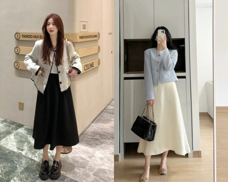 Phối áo khoác lửng không cổ cùng chân váy cạp cao là một công thức thời trang vô cùng tinh tế, mang lại diện mạo hiện đại, thanh lịch và tôn dáng triệt để. Thiết kế không cổ giúp phần thân trên trông thanh thoát, nhẹ nhàng hơn, khi kết hợp với chân váy cạp cao sẽ tạo hiệu ứng kéo dài chân và làm thon gọn vòng eo vô cùng hiệu quả.