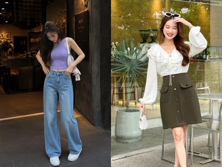 Quần jeans lưng cao và chân váy chữ A là 2 iteams giúp vóc dáng chị em thanh thoát hơn. 