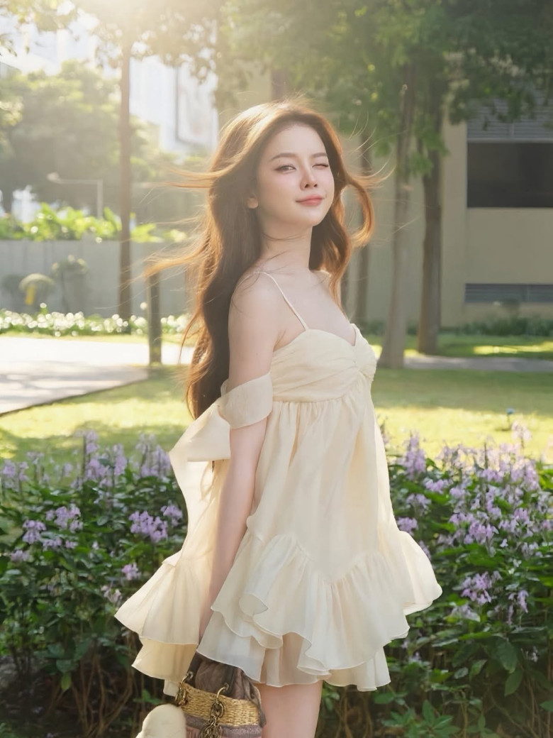 Item không thể thiếu được DJ Mie ưu ái trong tủ đồ là chiếc váy babydoll dáng bồng xòe mang đậm tinh thần nữ tính, trẻ trung.