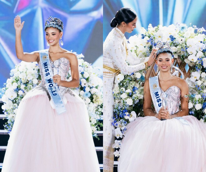 Joheirry Mola Dominguez trong khoảnh khắc đăng quang Miss World 2026.
