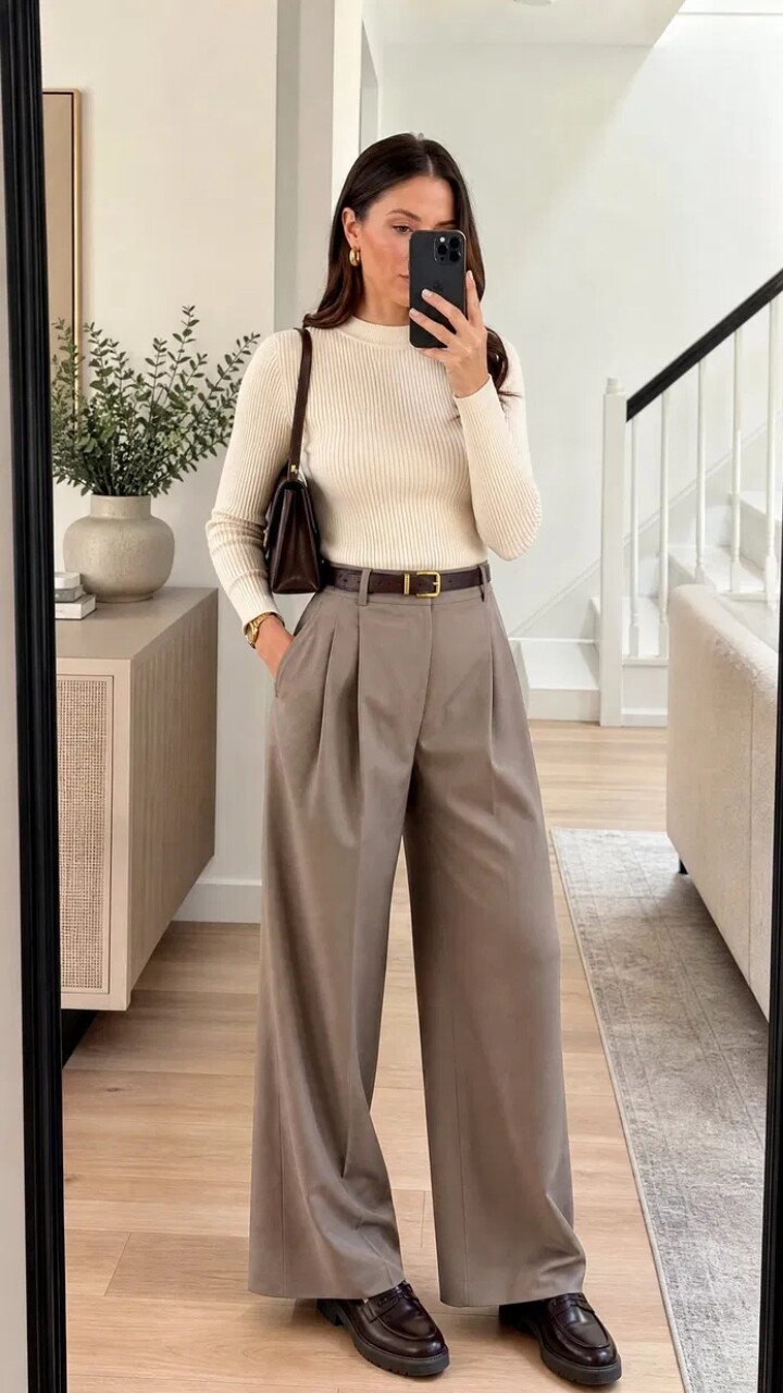 Sự kết hợp giữa giày lười, quần tây cạp cao và áo len mỏng tạo nên một outfit hoàn hảo theo phong cách Smart Casual hoặc Preppy cổ điển. Bản phối này vừa mang lại cảm giác thoải mái, vừa giữ được nét thanh lịch, rất thích hợp để đi làm, đi học hoặc đi chơi.
