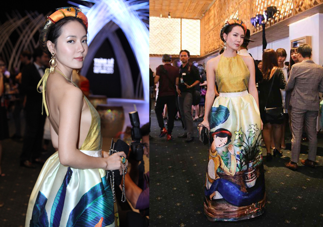 Phương Linh dường như đang say sưa những trang phục hơi hướng truyền thống, cô nổi bật bởi lựa chọn thời trang hài hòa sắc vóc.
