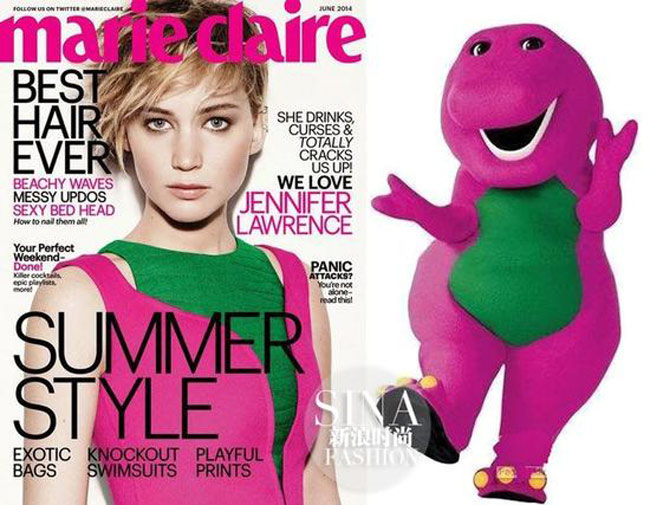 Thời trang của Jennifer Lawrence trên tạp chí bị ví với hình ảnh một chú nhồi bông khủng long.
