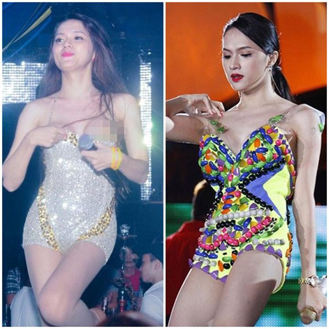 Thường chọn những bộ bodysuit quây ngực trên sân khấu, nên không ít lần Hương Giang Idol phải bối rối chỉnh trang để tránh sự cố phản cảm.

