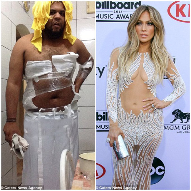 Nhưng chưa thực sự 'bá đạo' bằng phiên bản xé giấy mà anh chàng nhái lại bộ đầm táo bạo của Jennifer Lopez.
