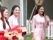 Thời trang - Ngọc Hân nổi bật giữa dàn mỹ nữ áo dài hồng đỡ tráp đám cưới Hoa hậu Thu Thảo