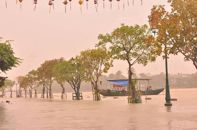 Phố cổ Hội An chìm trong nước lũ, người dân và du khách chèo xuồng để di chuyển - 7