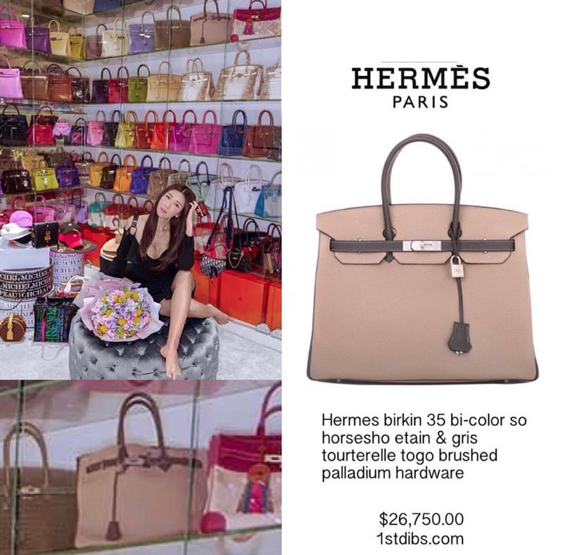 Chiếc túi Hermes đắt nhất trong tủ hàng hiệu của cô có giá lên đến 50 tỉ đồng, bên cạnh đó người đẹp cũng giành kha khá tiền mỗi kháng để bão dưỡng, vệ sinh những "con cưng xa hoa" này.  
