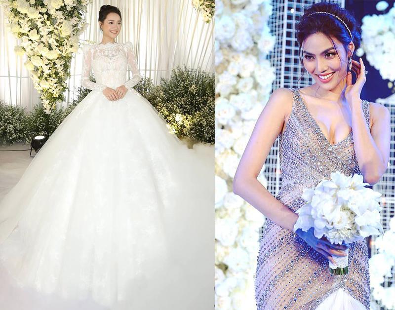 Là hai nàng dâu hot nhất showbiz Việt ở thời điểm hiện tại, nhưng cách chọn váy cưới của Lan Khuê và Nhã Phương hoàn toàn trái ngược nhau. Phương thích sự bồng bềnh công chúa, còn Khuê lại là cô dâu quyến rũ với váy ôm sát cơ thể.
