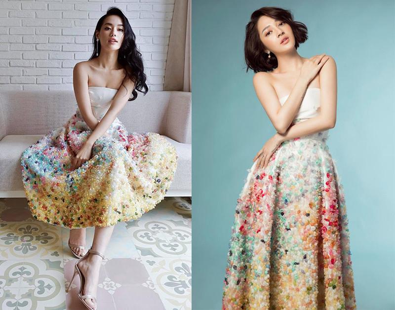 Khánh Linh một lần nữa chạm trán váy áo long lanh với Bảo Anh, thiết kế đa sắc màu của NTK Trần Hùng. 
