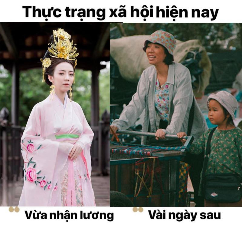 Hoa hậu làng hài Thu Trang khiến cư dân mạng đứng ngồi không yên với hình tượng đối lập hoàn toàn này. Một bên là trang phục cổ trang trong vai Hoàng hậu, bên còn lại chính là hình ăn mặc xuề xoà khi đi bán vé số. 
