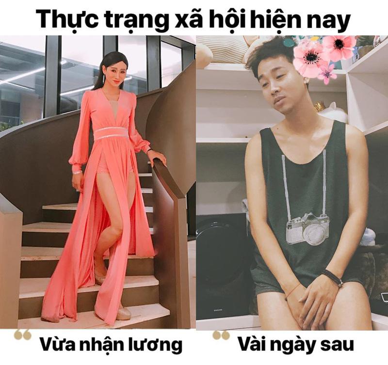 Người em thân thiết của BB Trần chính là Hải Triều, với đôi chân dài miên man này, nam diễn viên khoe triệt để với hình tượng nữ, diện cùng váy xẻ đùi cao bất tận. Hình ảnh lộng lẫy này đối lập hoàn toàn gu thời trang bình dân ở đời thường của anh. 
