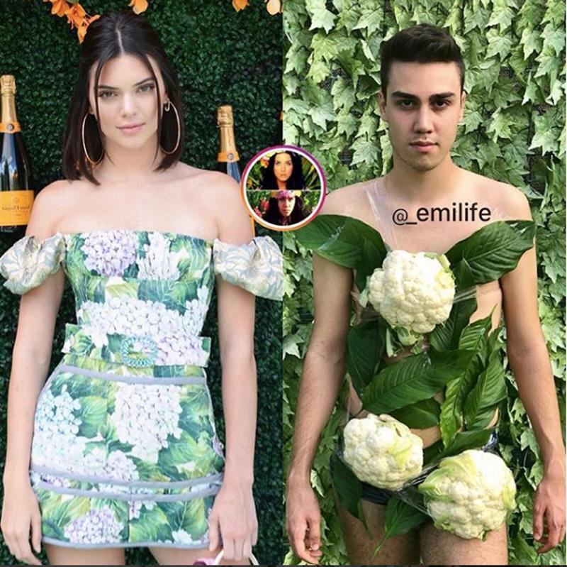 Trong khi Kendall Jenner sang chảnh và ngọt ngào với chiếc váy hoa tinh tế của nhà mốt  Dolce & Gabbana, thì Emi không hề kém cạnh bởi thiết kế bông cải phiên bản tái chế. 
