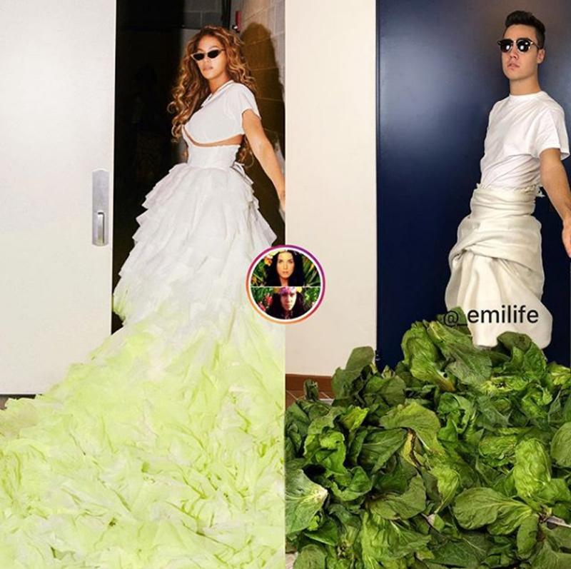 Chiếc váy xa xỉ thuộc BST mới nhất của nhà mốt Off-White của nữ hoàng làng nhạc Beyonce, trong trí tưởng tượng của anh chàng này chính là chiếc váy rau cải xanh mướt. 
