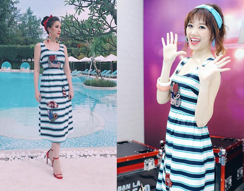 Bảo Thy và Hari có đến 2 lần đụng hàng đình đám, một là thiết kế jumpsuit sang chảnh, 2 là chiếc váy kẻ sọc xinh xắn, phù hợp với mua hè này. Cả hai mỹ nhân cùng có cách phối đồ khá đồng điệu khi đụng váy.
