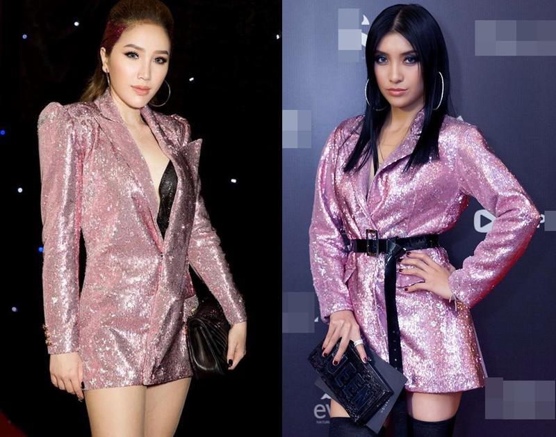 Bộ cánh váy giả vest có tông màu hồng sequins lấp lánh của NTK Nguyễn Tiến Truyển là trang phục cuối cùng nằm trong danh sách những lần đụng váy áo đình đám của Bảo Thy. Người diện cùng cô thiết kế này chính là Tiêu Châu Như Quỳnh. 
