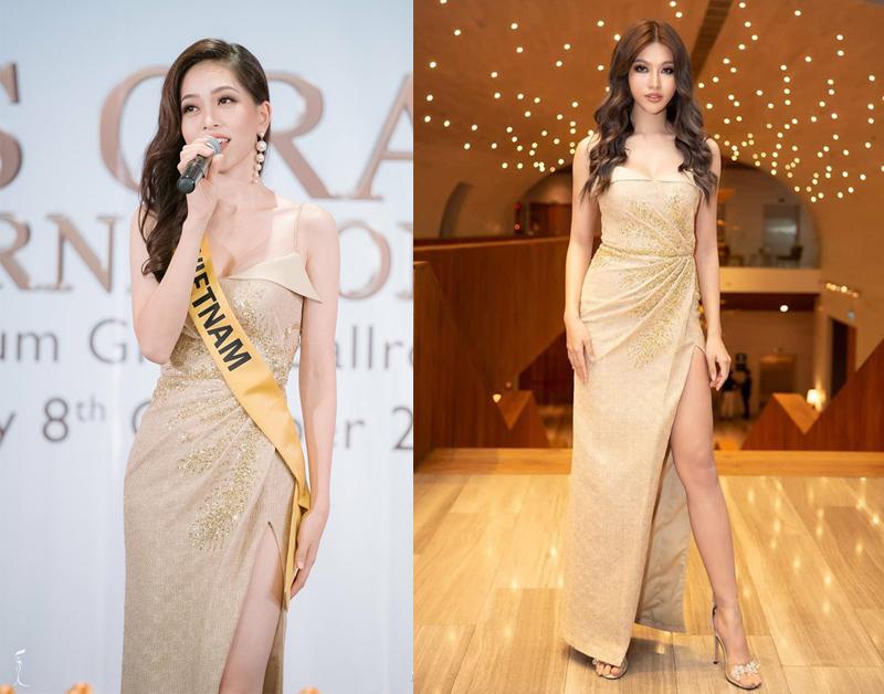 Phương Nga một lần nữa đụng váy đình đám với người mẫu Quỳnh Châu, cả hai đều rất xinh đẹp và cá tính trong thiết kế tông màu nude này. 
