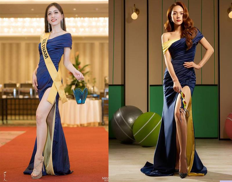Tham gia Miss Grand International 2018, Á hậu Phương Nga liên tục đụng độ thời trang. Chiếc váy nhún bèo gợi cảm này trước đó được Minh Hằng lựa chọn, trong một sự kiện mà cô tham gia. 
