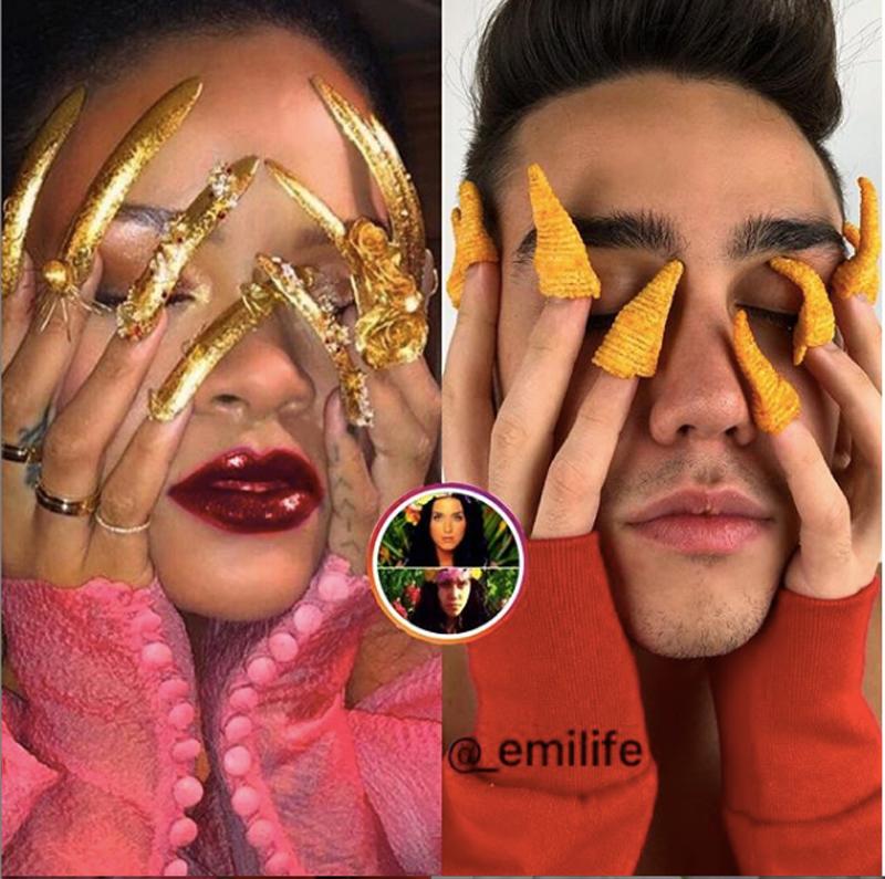 Móng tay vàng của Rihanna cũng nằm trong tầm ngắm của thánh tái chế thời trang này, và đó chính là những chiếc snack tôm thơm ngon hình tam giác nhọn. 
