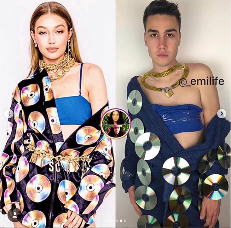 Một thiết kế nữa của Gigi trở thành nguồn cảm hứng cho anh chàng đình đám mạng xã hội này, thiết kế mới nhất của H&M x Moschino được anh tái chế lại bằng những chiếc đĩa CD cũ, rất đúng tinh thần của bản gốc. 

