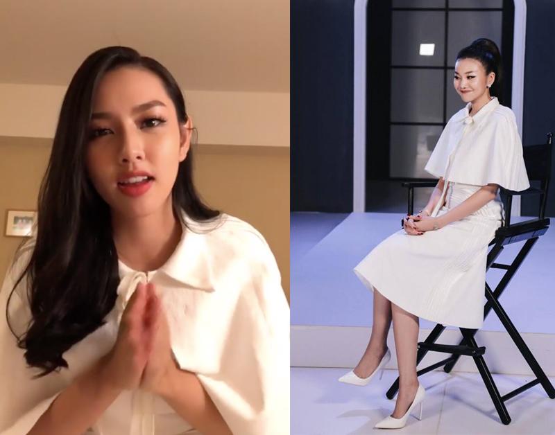 Màn đụng váy với đàn em tiếp theo của siêu mẫu Thanh Hằng, là thiết kế trắng tinh khôi, thanh lịch của NTK Adrian Anh Tuấn. Thuỳ Tiên vừa xuất hiện với mẫy váy này khi đang tham gia Miss International 2018 tại Nhật Bản. 
