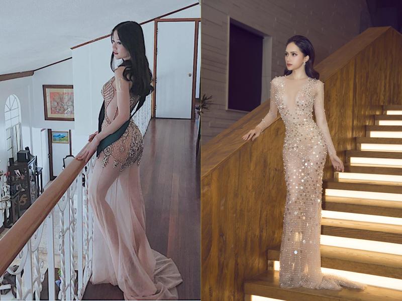 Cả Phương Khánh và Hương Giang đều yêu thích những mẫu váy dạ hội xuyên thấu ôm sát hình thể gợi cảm. 
