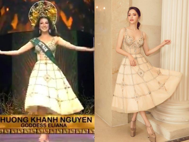 Và cuối cùng, hai nàng đương kim Hoa hậu quốc tế đã mang vinh quang về cho nước nhà, Hương Giang và Phương Khánh sở hữu một mẫu váy xòe như công chúa của NTK Linh San. 
