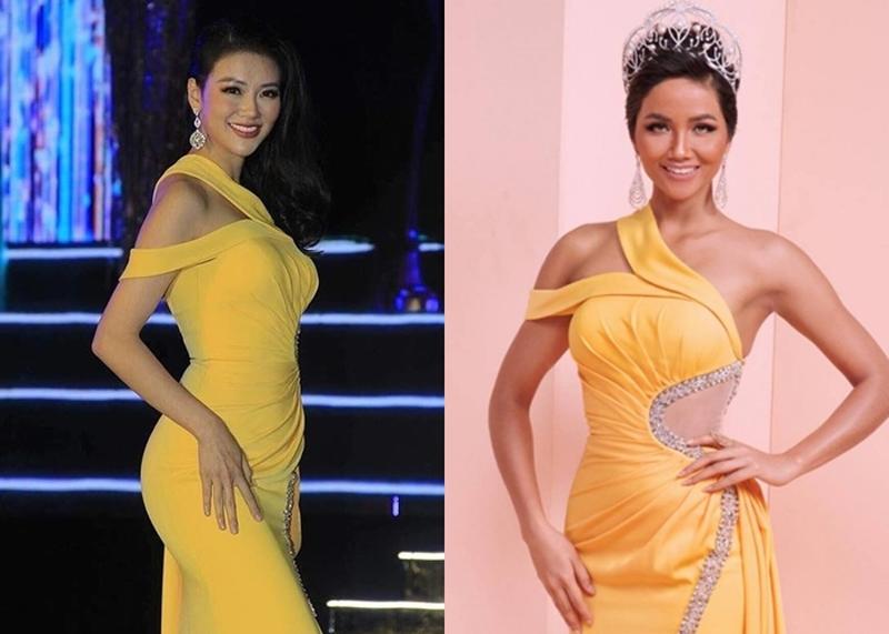 H' Hen Niê và Phương Khánh có nhiều sự tương đồng về phong cách thời trang, đặc biệt là váy dạ hội và tông màu vàng rực rỡ. 
