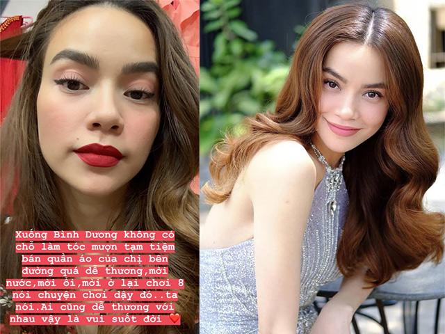 Hà Hồ dạo này vui tính quá: đi diễn không có chỗ làm tóc,... dùng tạm cửa tiệm bên đường