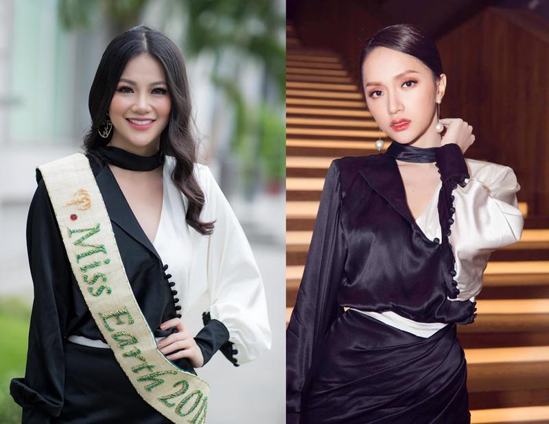 Hai nàng Hoa hậu quốc tế mang vinh quang về cho Việt Nam là Hương Giang và Phương Khánh, cũng bất ngờ yêu thích và trưng dụng mẫu váy trắng đen đối lập bắt mắt của NTK Linh San. 
