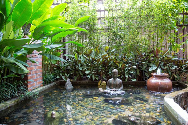 Sân vườn nhỏ với hồ nước trước nhà mà anh rất yêu thích được tô điểm thêm tượng và cây cảnh.

