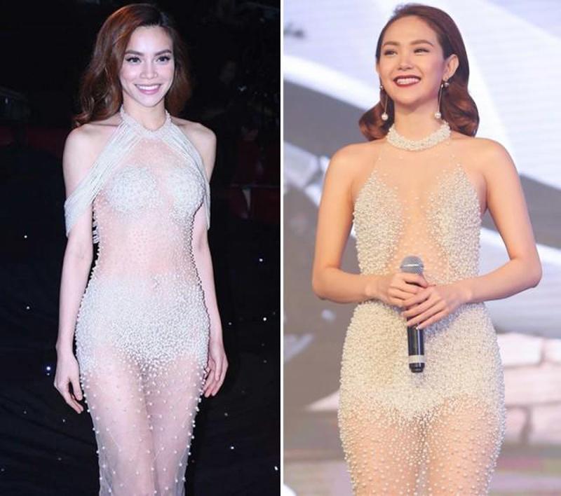 Váy xuyên thấu đính hạt lấp lánh dù được làm bởi hai NTK khác nhau, nhưng sự khác biệt của hai mẫu là không quá nhiều. 
