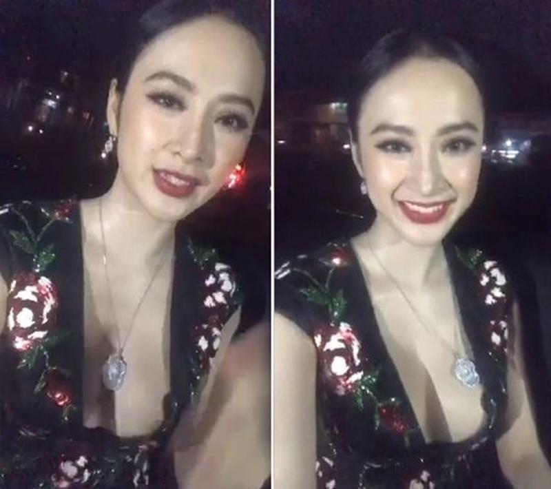 Cũng là váy xẻ sâu táo bạo, nữ hoàng thảm đỏ Angela Phương Trinh bị fans soi lộ miếng dán ngực khi  livestream trò chuyện. Thiết kế lấp lánh cũng không tài nào đánh lạc hướng hộ cô. 
