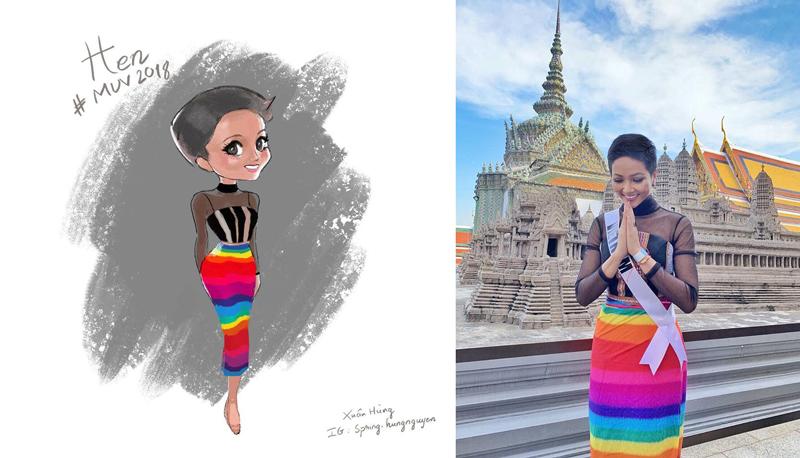 Chiếc váy cầu vồng rực rỡ gây ấn tượng tại Thái Lan, “thủ phủ của người LGBT” tại châu Á. Việc khoác lên người hình ảnh cầu vồng, biểu tượng của cộng đồng LGBT được xem là hành động thể hiện sự ủng hộ của H'Hen Niê.
