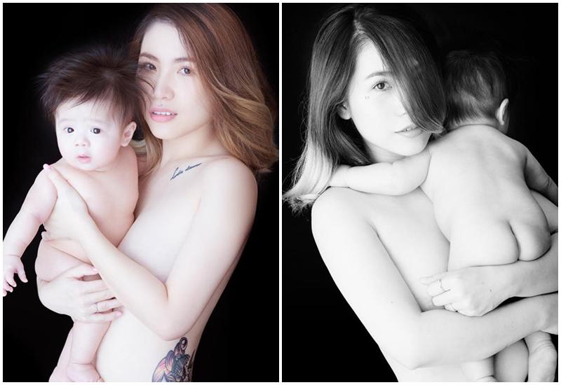 Chị Thúy Nhàn thực hiện bộ ảnh cùng con trai 5 tháng. Kỹ thuật xử lý góc ảnh chụp vô cùng khéo léo khiến cho những bức ảnh không hề có chút phản cảm.
