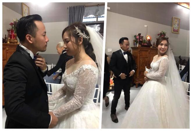 Tiến Đạt được cô dâu Thụy Vy ân cần tỉ mỉ sửa sang quần áo trong đám cưới bí mật - 1