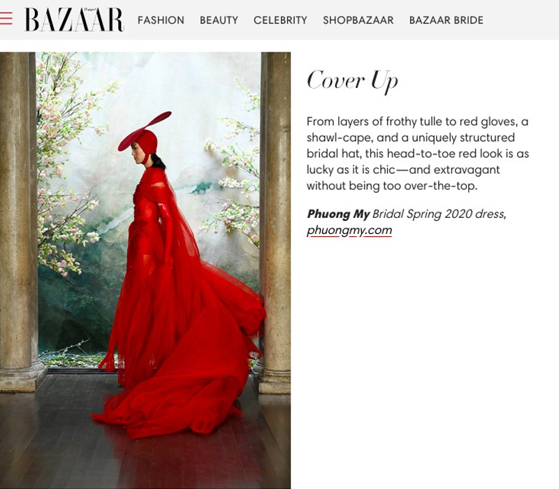 Bazaar chia sẻ:” Từ các lớp vải xếp lên nhau cho đến găng tay đỏ, mũ đỏ, tất cả tạo thành 1 tổng thể độc đáo, màu đỏ tượng trưng cho sự may mắn, được thiết kế sang trọng, lộng lẫy nhưng không quá phô trương”.
