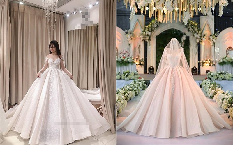 Chưa hết, trang phục mà cô dâu mặc trong ngày cưới cũng khiến nhiều người choáng váng. Hai chiếc váy cô dâu mặc trong ngày cưới chính thức có giá khoảng 160 triệu.
