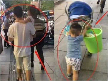 Bố bế tình nhân nhỏ đi trước, con trai lẽo đẽo xách đồ phía sau, ai nhìn cũng thương