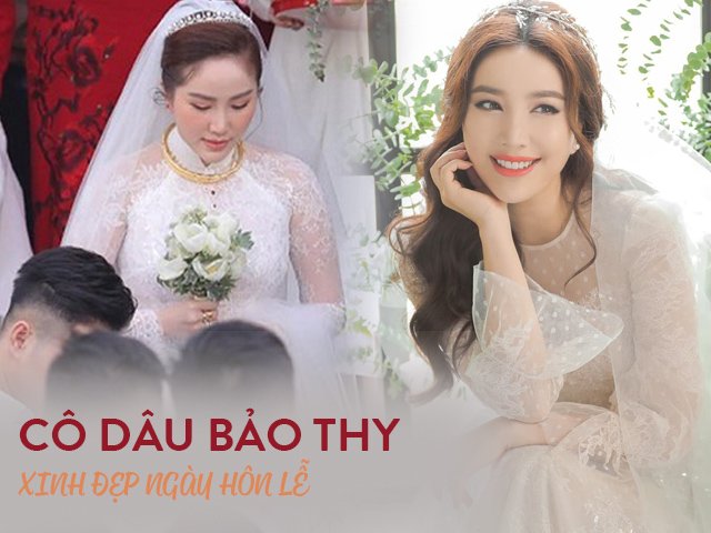 Bảo Thy diện áo dài phối ren, đầu đội vương miện lộng lẫy trong lễ cưới tại nhà thờ