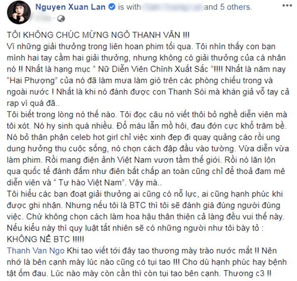 Bức xúc vì kết quả LHP, Xuân Lan tuyên bố không chúc mừng Ngô Thanh Vân đoạt giải - 5