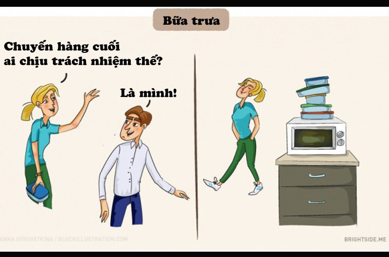 Giờ ăn trưa đã đến, hãy luôn đề phòng với mọi lời hỏi han công việc của đồng nghiệp nha. Vì có thể đó chỉ là họ đang ủ mưu đến xếp hộp cơm ở lò vì sóng trước mà thôi. 
