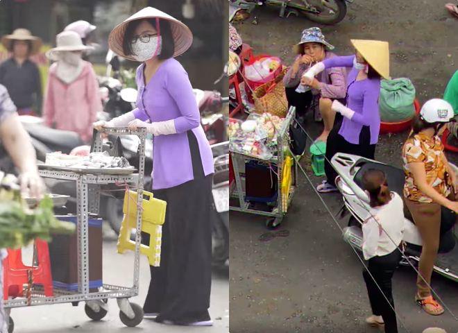 Phương Mỹ Chi hóa thân thành người bán hàng rong trong bộ quần áo bà bà