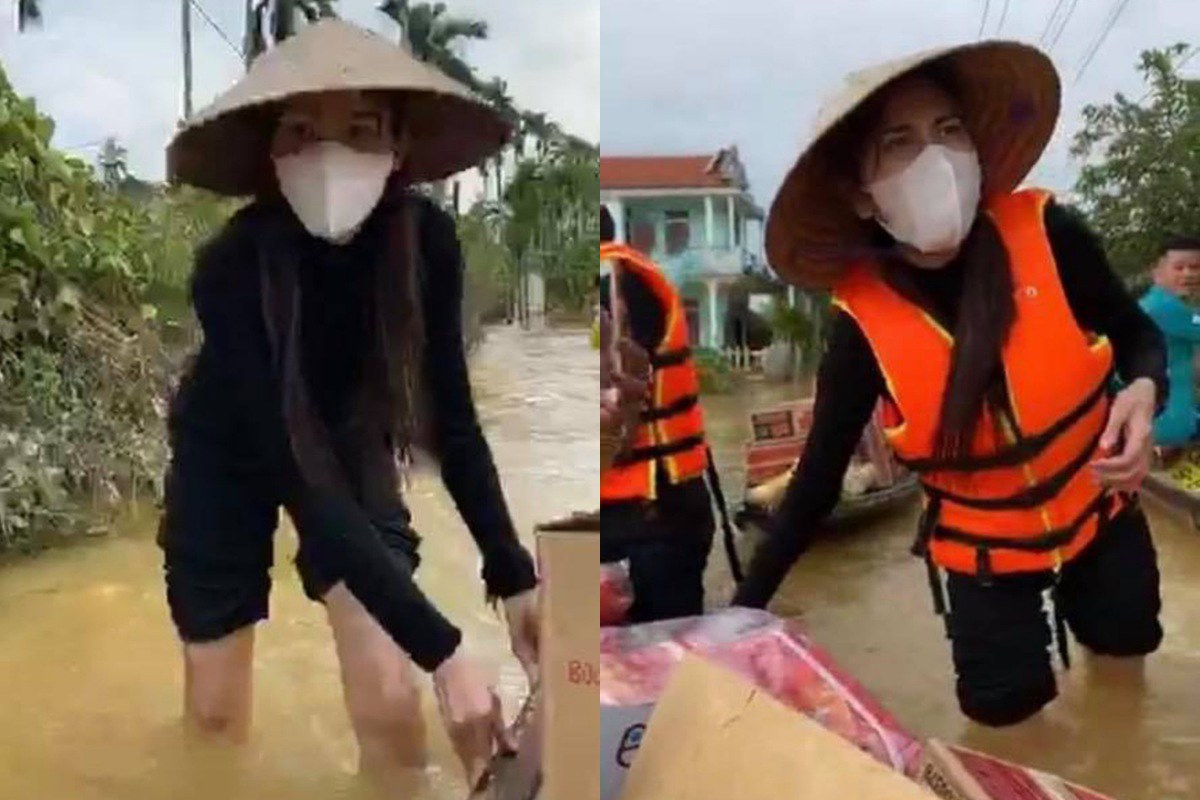 Xót cảnh Thuỷ Tiên chân gầy tong teo lội nước, khản giọng phát mì gói cứu trợ bà con - 5