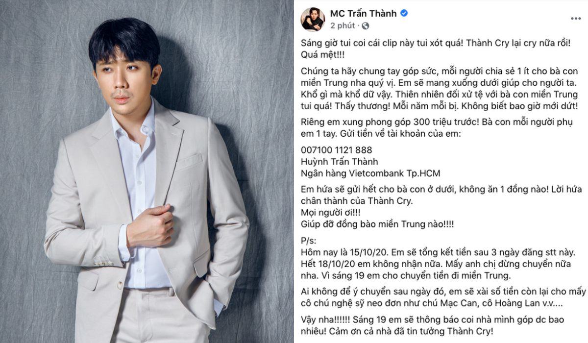 Trấn Thành góp 300 triệu cứu trợ lũ lụt, kêu gọi thêm kèm tuyên bố: amp;#34;Không ăn 1 đồng nàoamp;#34; - 1