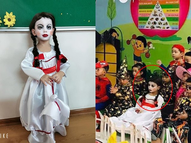 Halloween mẹ trẻ biến con thành Annabelle nổi nhất lớp mẫu giáo, lúc tẩy trang nhiều người giật mình